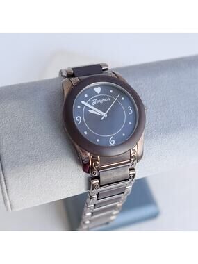 Brighton Brooklyn Quartz Watch Bronze Rubber Etched Swirl Bezel Fold Over Clasp